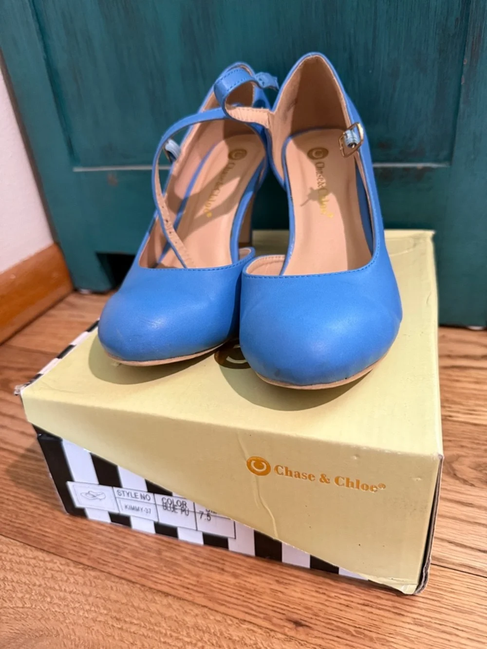 Chase + Chloe Bright Blue Mary Jane Pumps with Ankle Strap - Picture 1 of 4